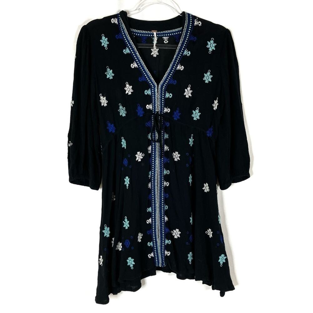 Free People Black Star Gazer Embroidered Blue Tunic Mini Dress Womens Small